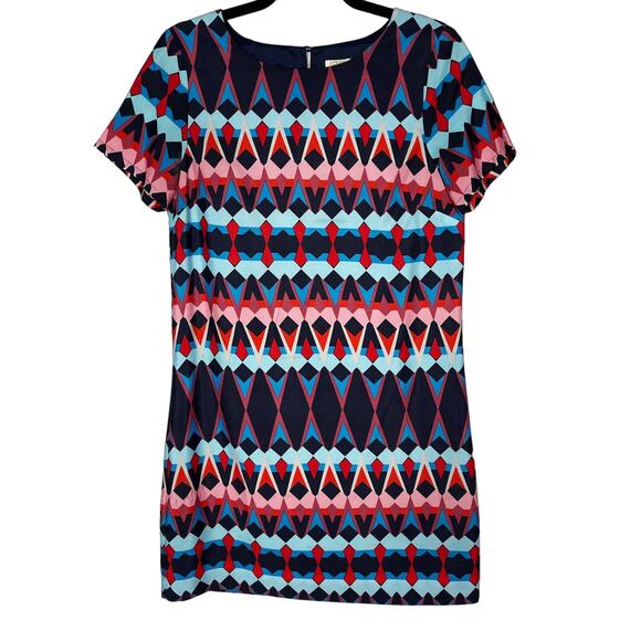 J Crew Size 2 Blue Pink Red Geometric Print Sheath Dress Short Sleeve Keyhole - Picture 1 of 12